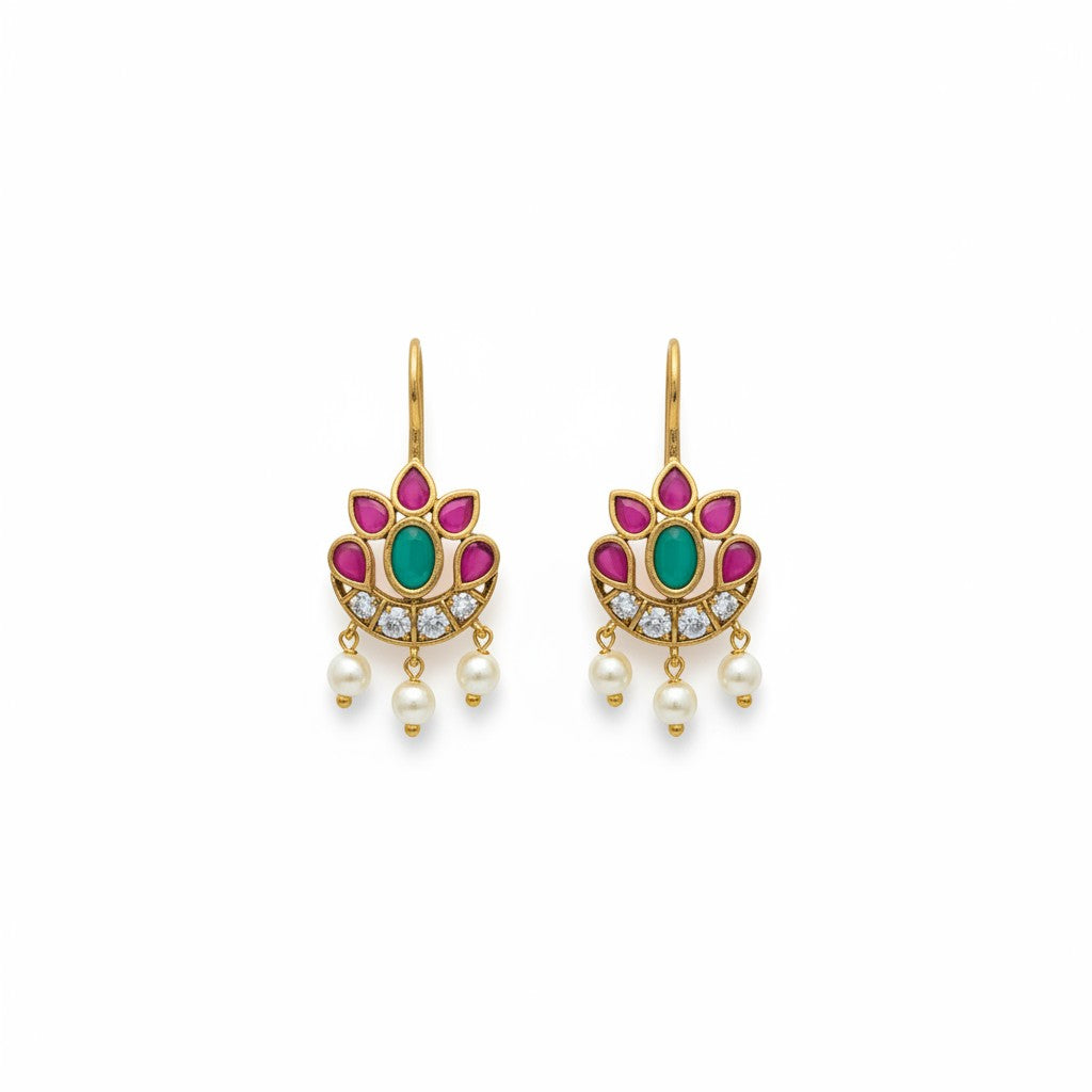 Ivvati pink and green floral Bugadi earrings with pearl drops and gold finish