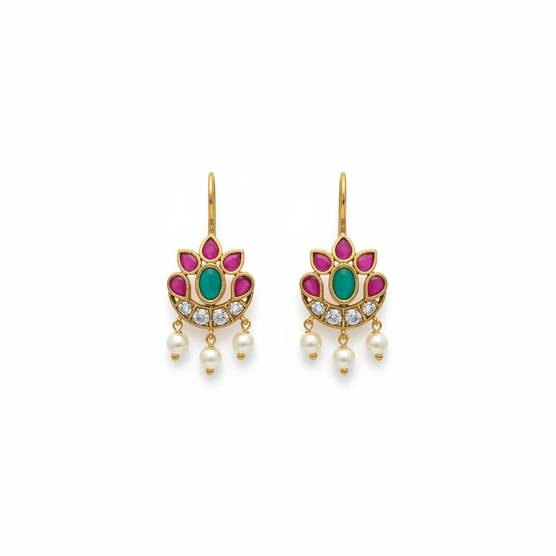 Ivvati pink and green floral Bugadi earrings with pearl drops and gold finish