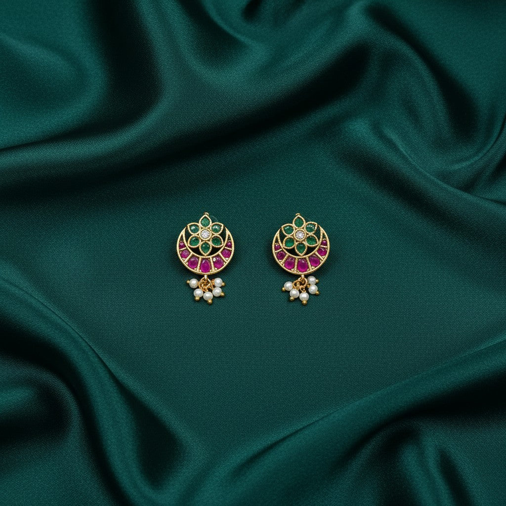 Ivvati pink and green floral Bugadi with pearl drops and gold finish