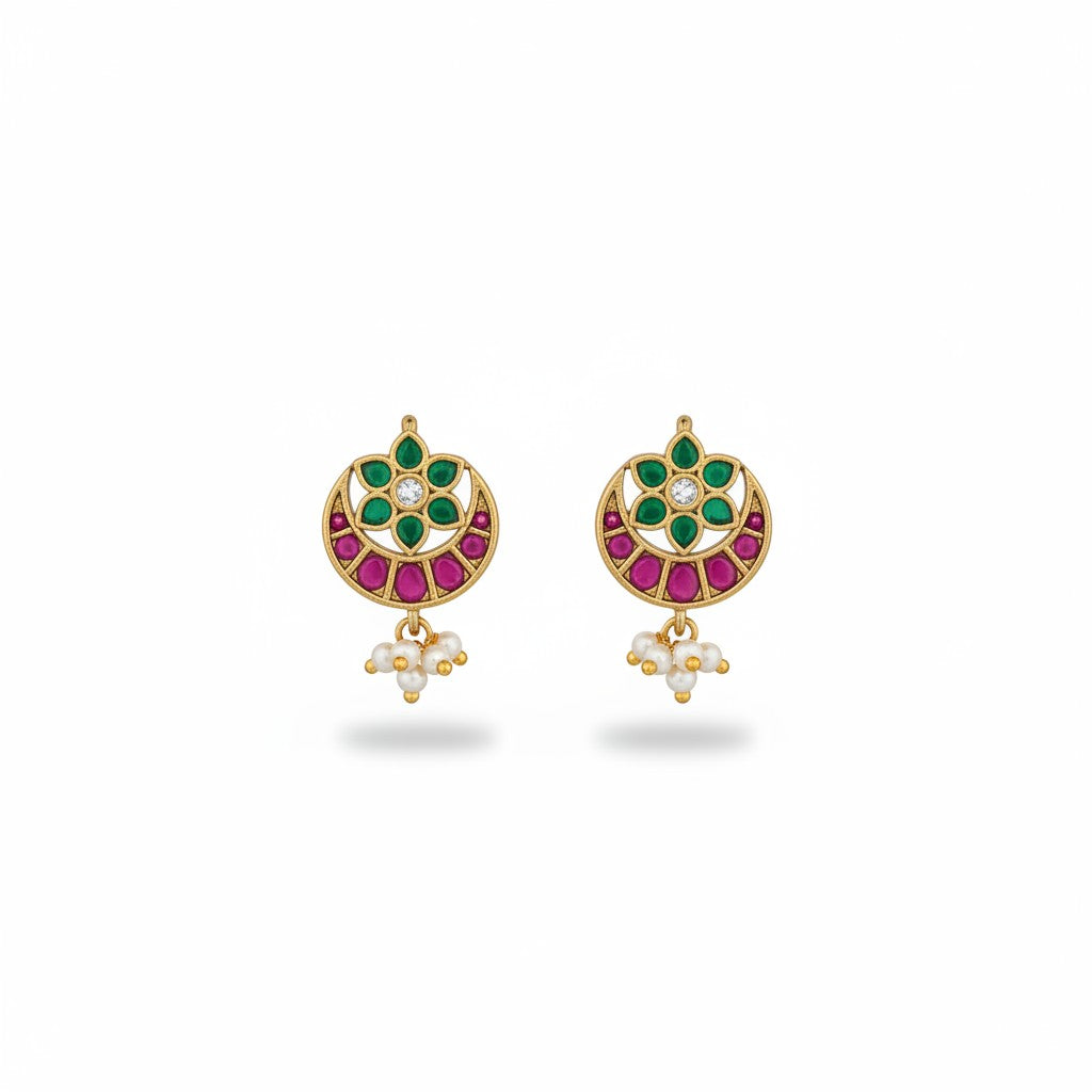 Ivvati pink and green floral Bugadi with pearl drops and gold finish