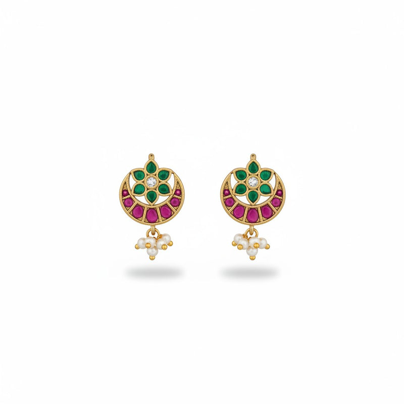 Ivvati pink and green floral Bugadi with pearl drops and gold finish