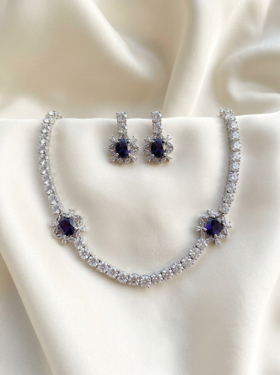 Ivvati purple AD CZ necklace set with matching earrings for women