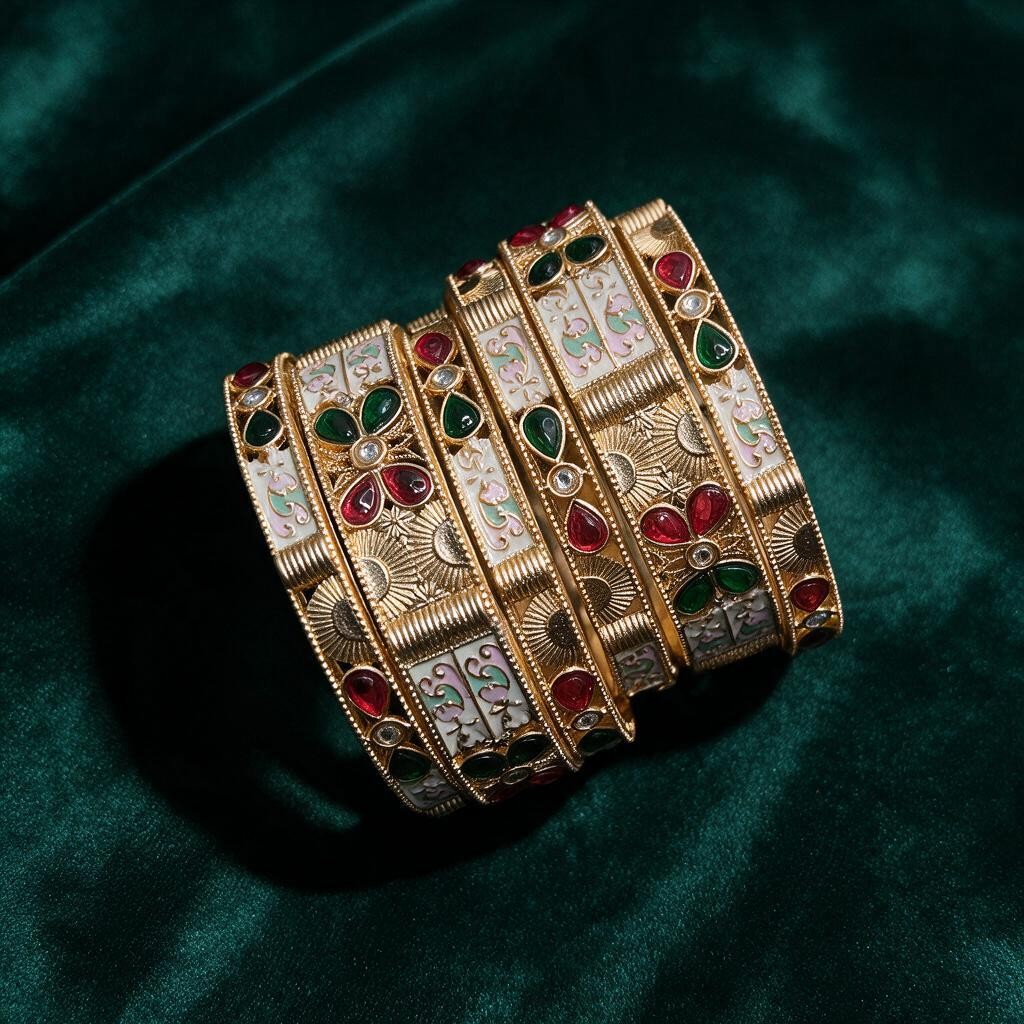 Ivvati Rajwadi Meenakari bangle set with red green stones and white detailing