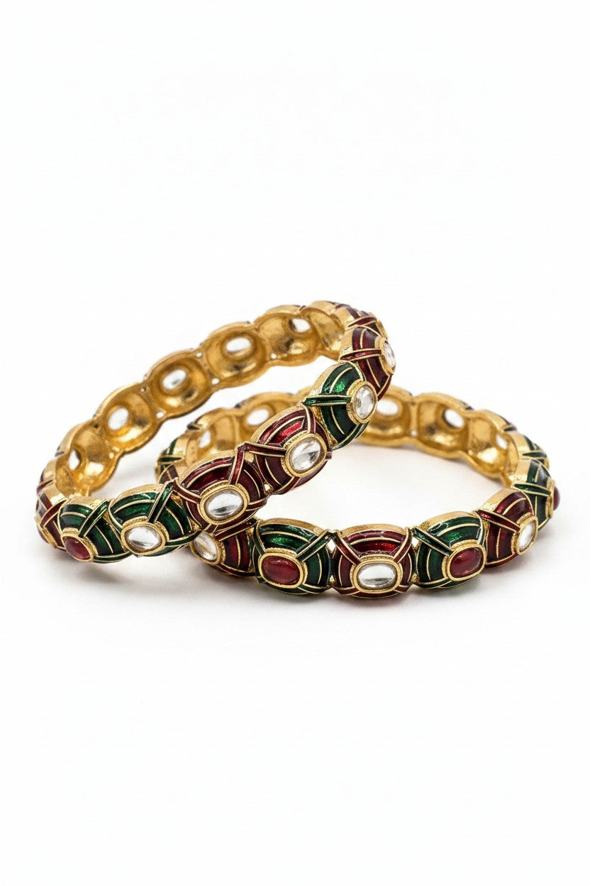 Ivvati Rajwadi Meenakari Kada with red green stones and gold-tone detailing