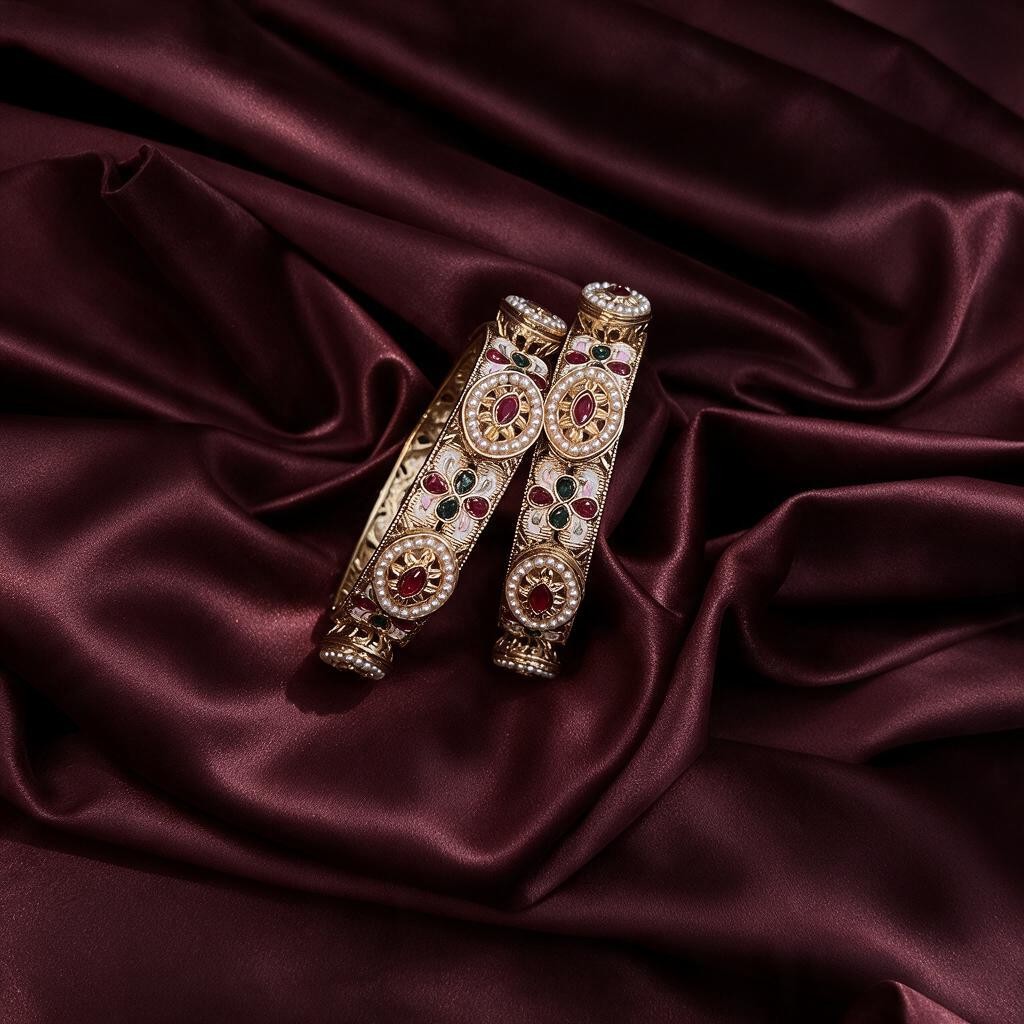 Ivvati Rajwadi Meenakari pearl bangle set with red and green stones
