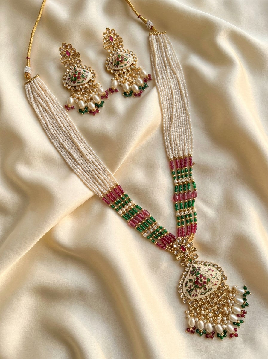 Ivvati Rajwadi Meenakari pearl necklace set with matching earrings
