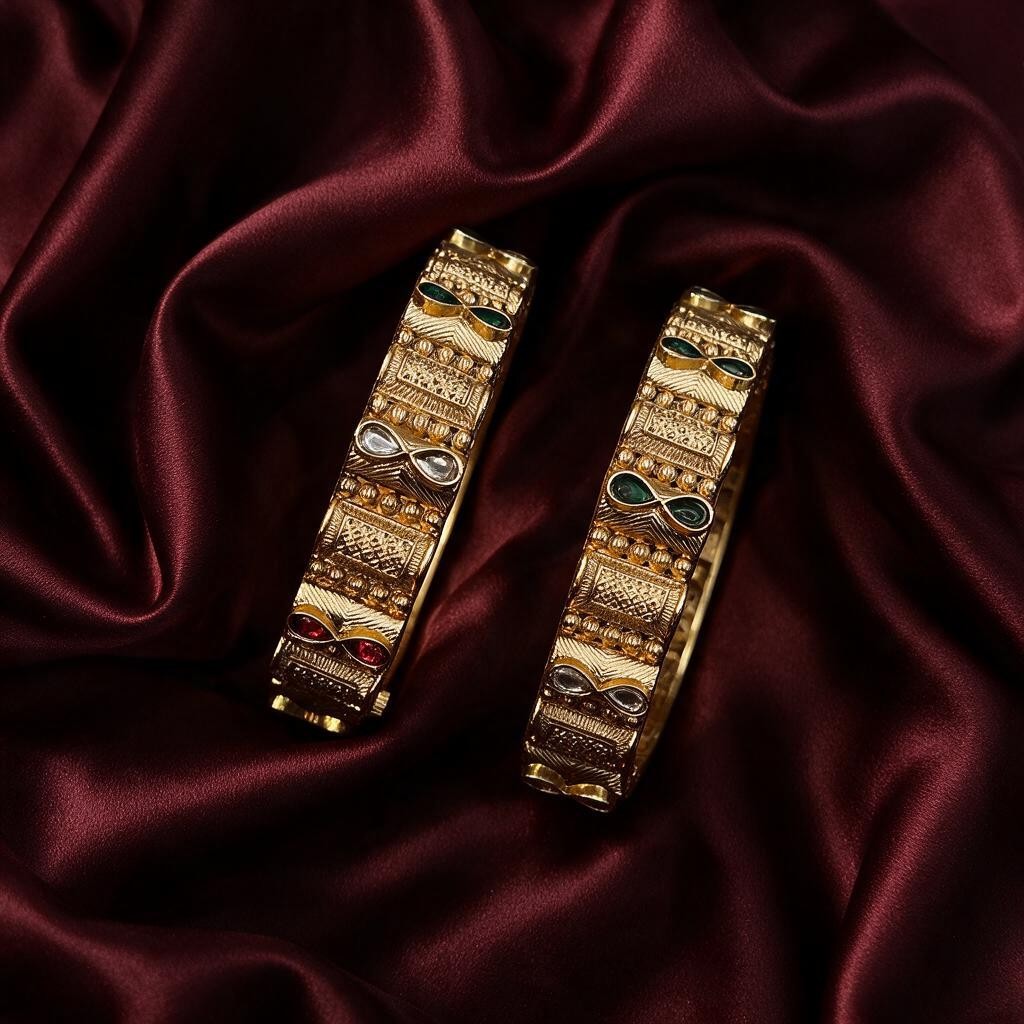Ivvati Rajwadi gold-tone bangle set with red green and clear stone detailing