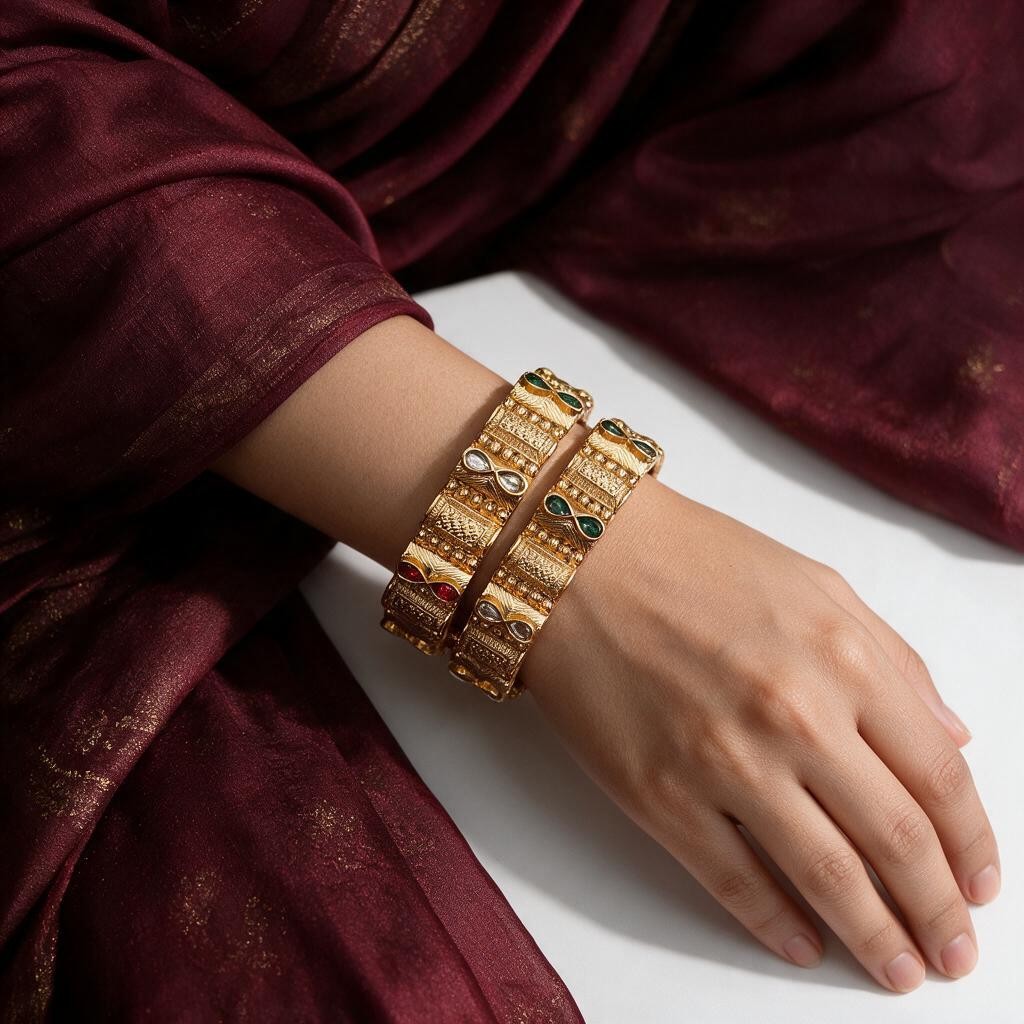 Ivvati Rajwadi traditional bangles with ornate engraved detailing and multicolor stones