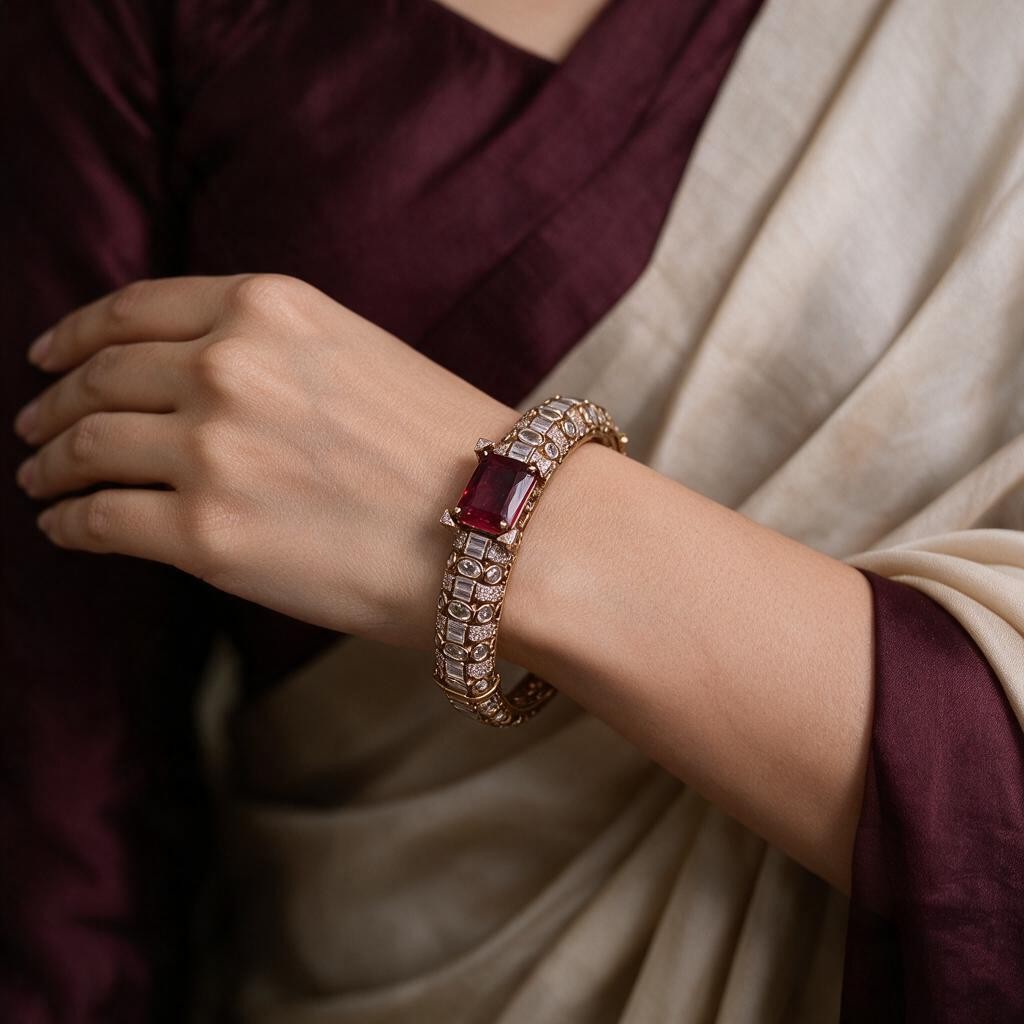 Ivvati red stone American Diamond kada bracelet with sparkling stone setting