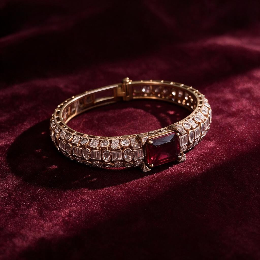 Ivvati ruby stone AD kada bracelet with baguette and round stone detailing