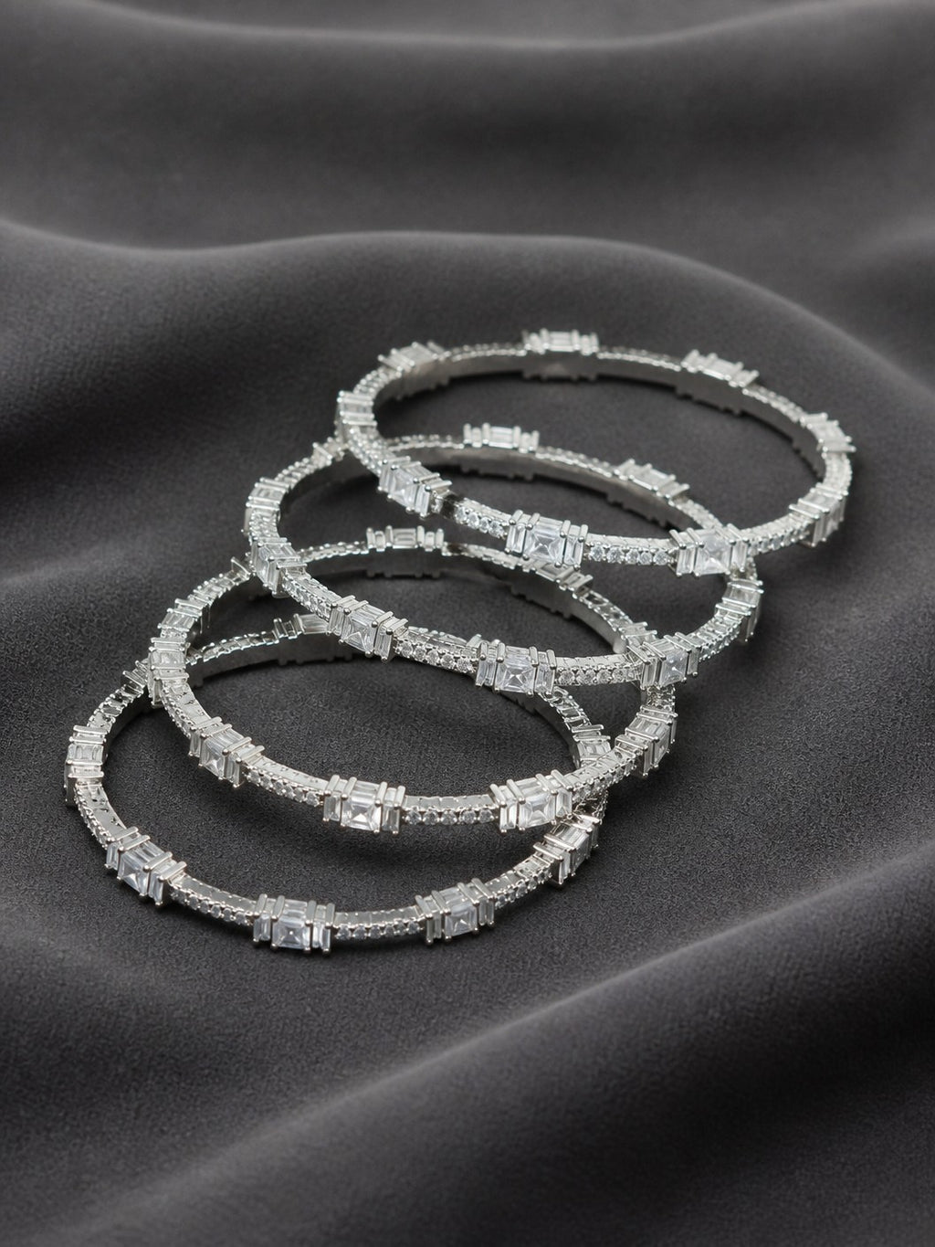 Ivvati silver-tone American Diamond bangle set with baguette and round stones