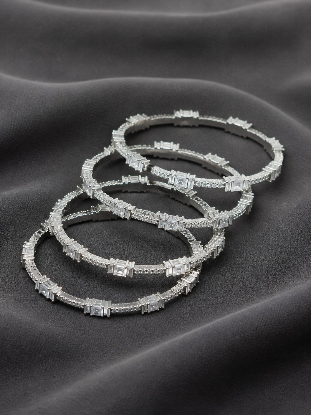 Ivvati silver-tone American Diamond bangle set with baguette and round stones