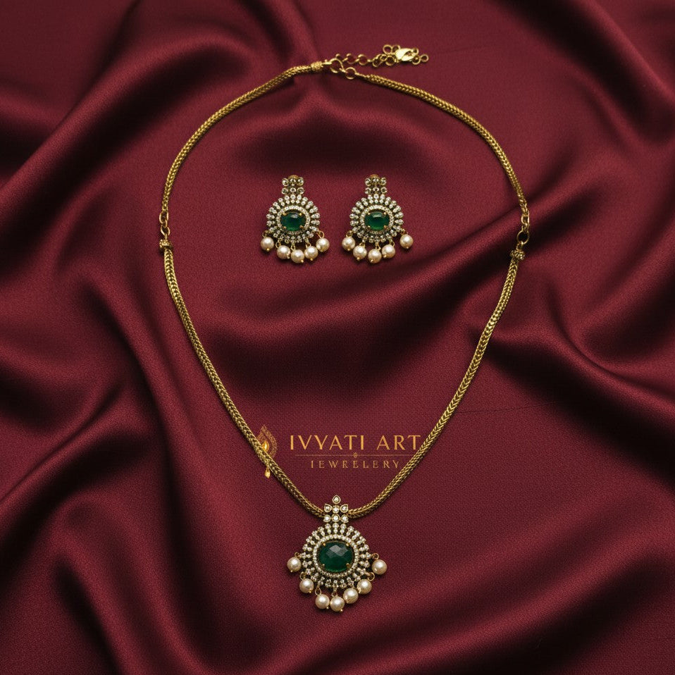Ivvati traditional green stone necklace set with matching pearl drop earrings