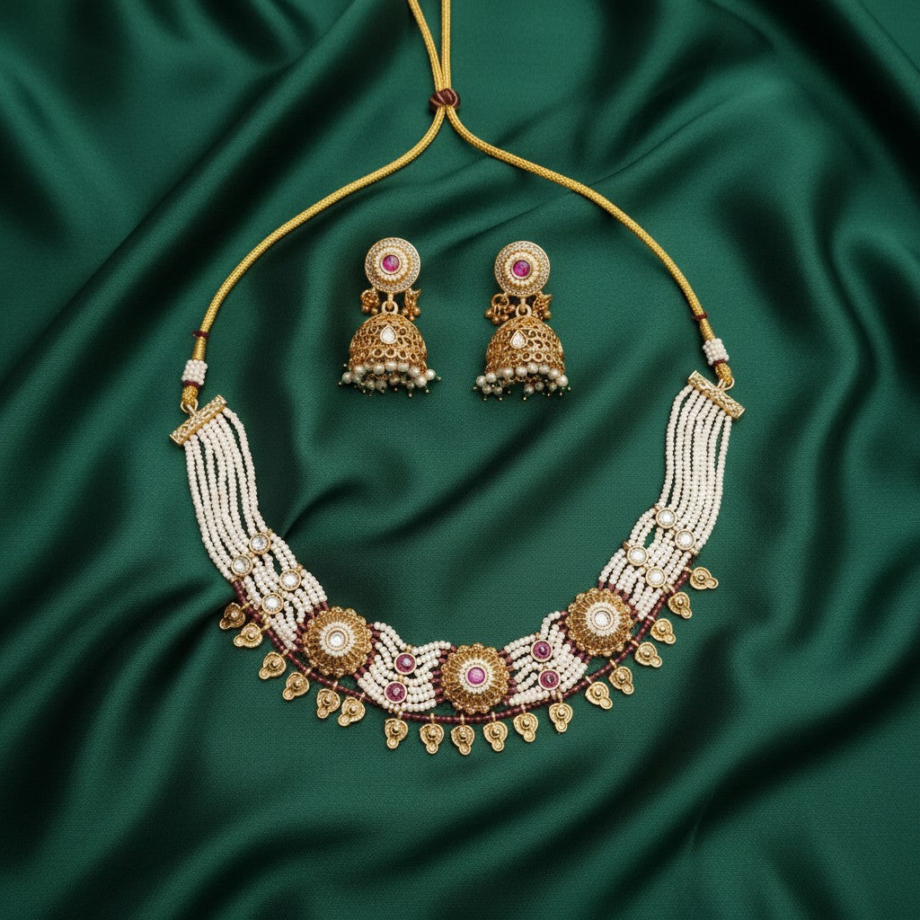 Ivvati traditional multi-strand pearl necklace set with Jhumka earrings