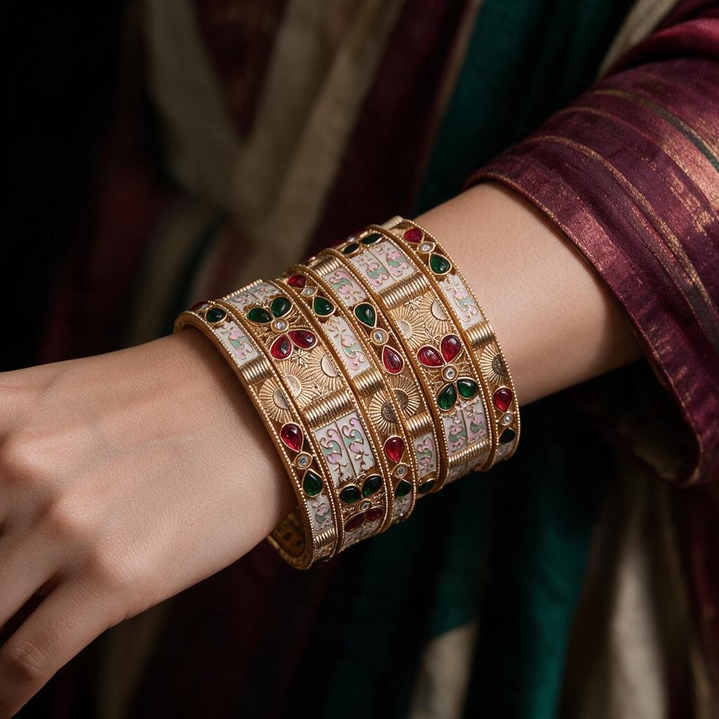 Ivvati traditional Rajwadi bangle set with red green stone accents