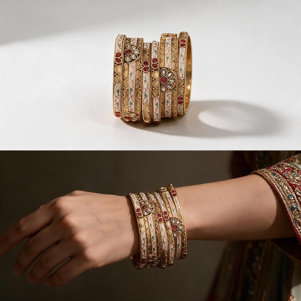 Ivvati traditional Rajwadi bangles with red green stones and floral motifs