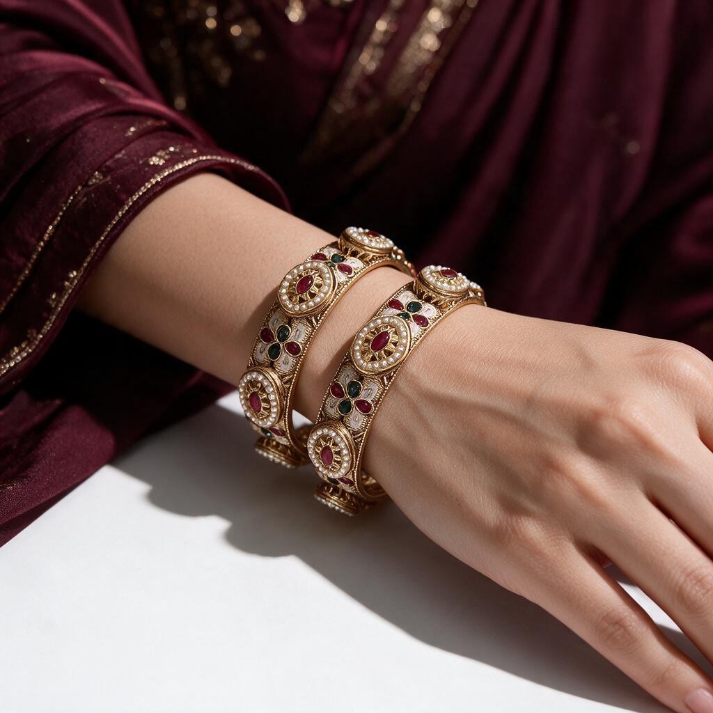 Ivvati traditional Rajwadi bangles with pearl detailing and colourful stones