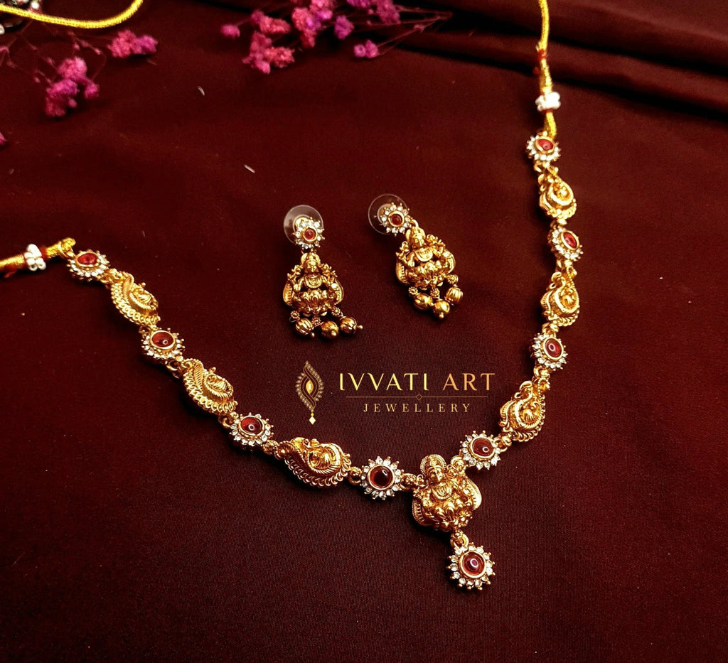 Lakshmi Motif Ruby Necklace Set jewellery - Copper | Ivvati Art Jewellery
