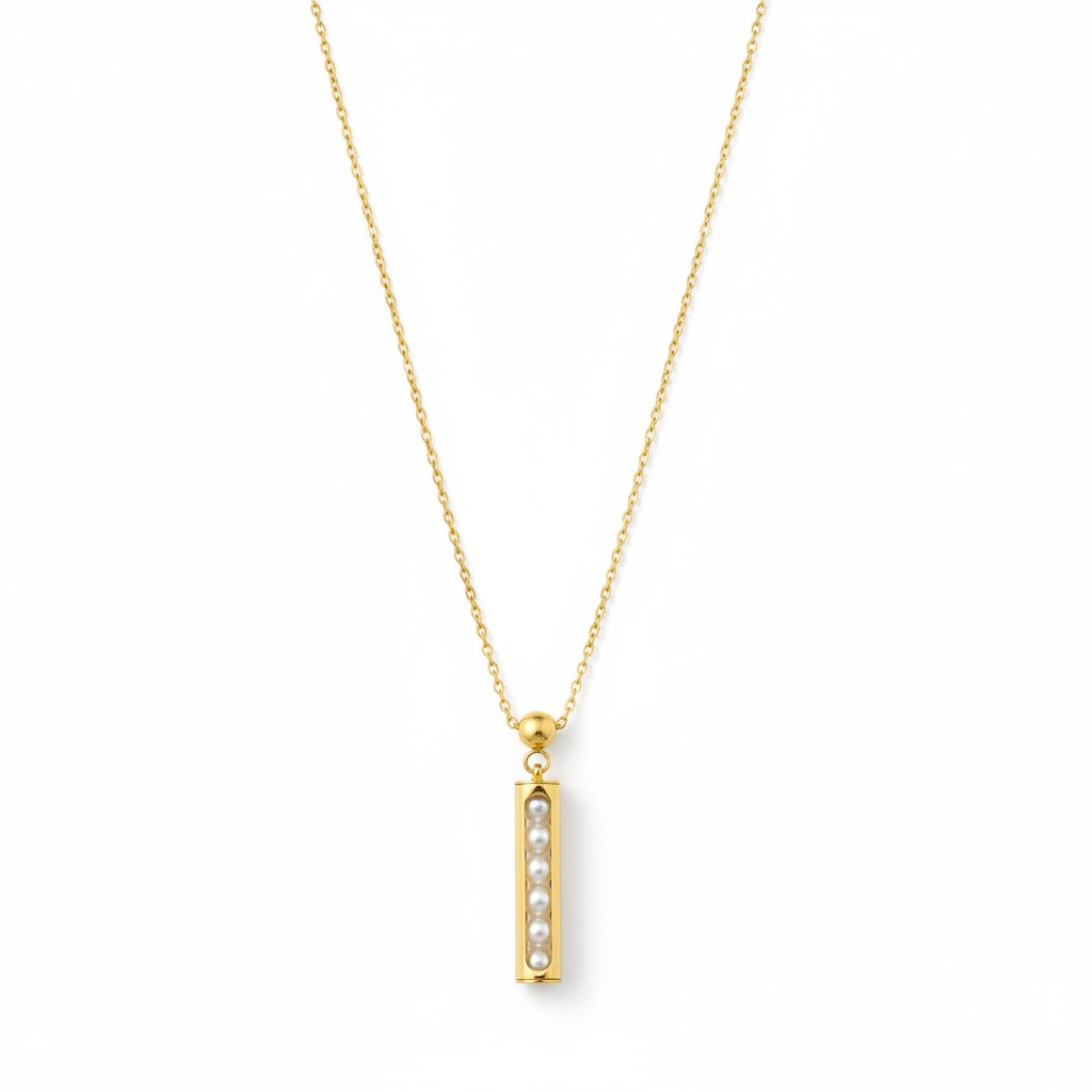 Long gold-tone necklace for women with rectangular pearl pendant | Ivvati Art Jewellery