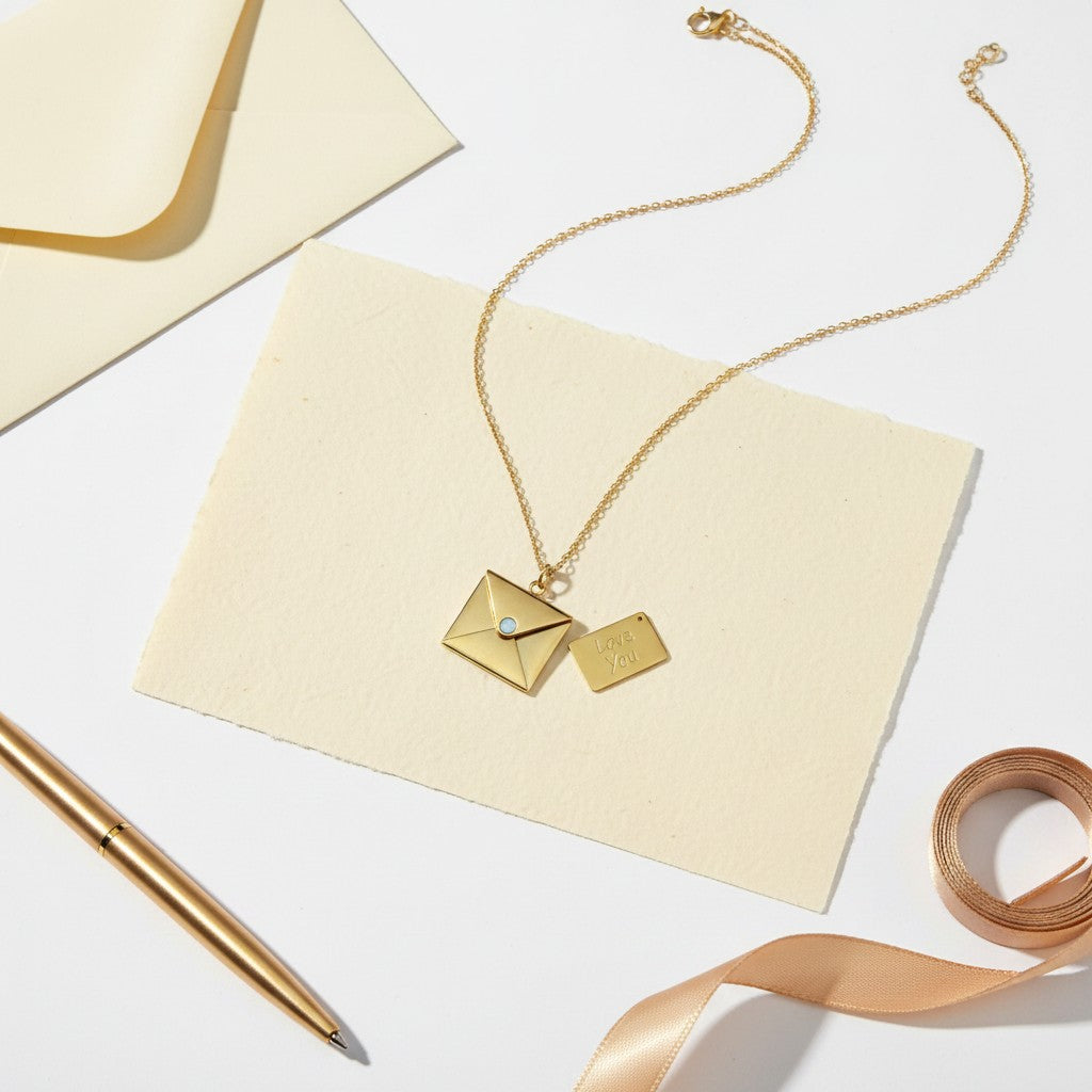 Gold love letter envelope pendant necklace for women | Ivvati demi-fine jewellery