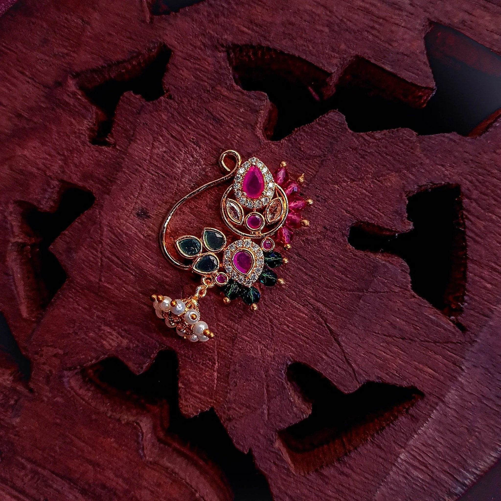 Maharashtrian Copper Nath Red and Green Stone jewellery - Copper | Ivvati Art Jewellery