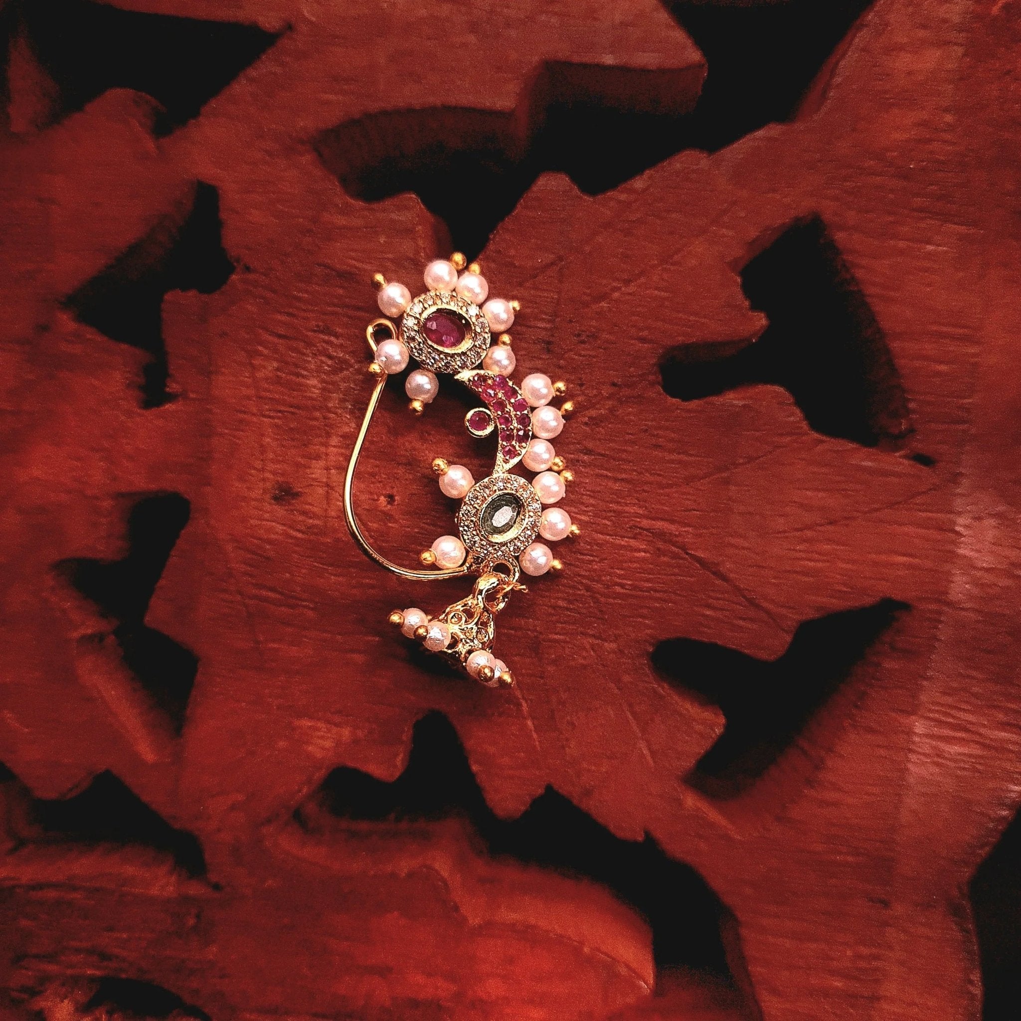 Maharashtrian Nath with pearl and stone jewellery - GOLD | Ivvati Art Jewellery