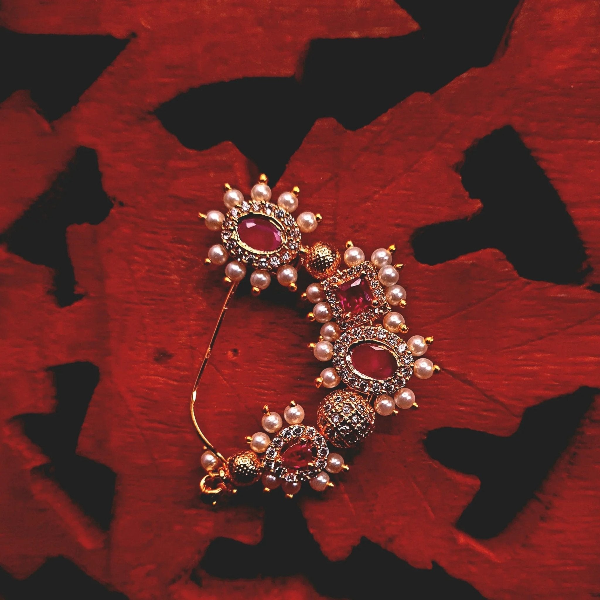 Maharashtrian Nath with stone and pearl jewellery - GOLD | Ivvati Art Jewellery