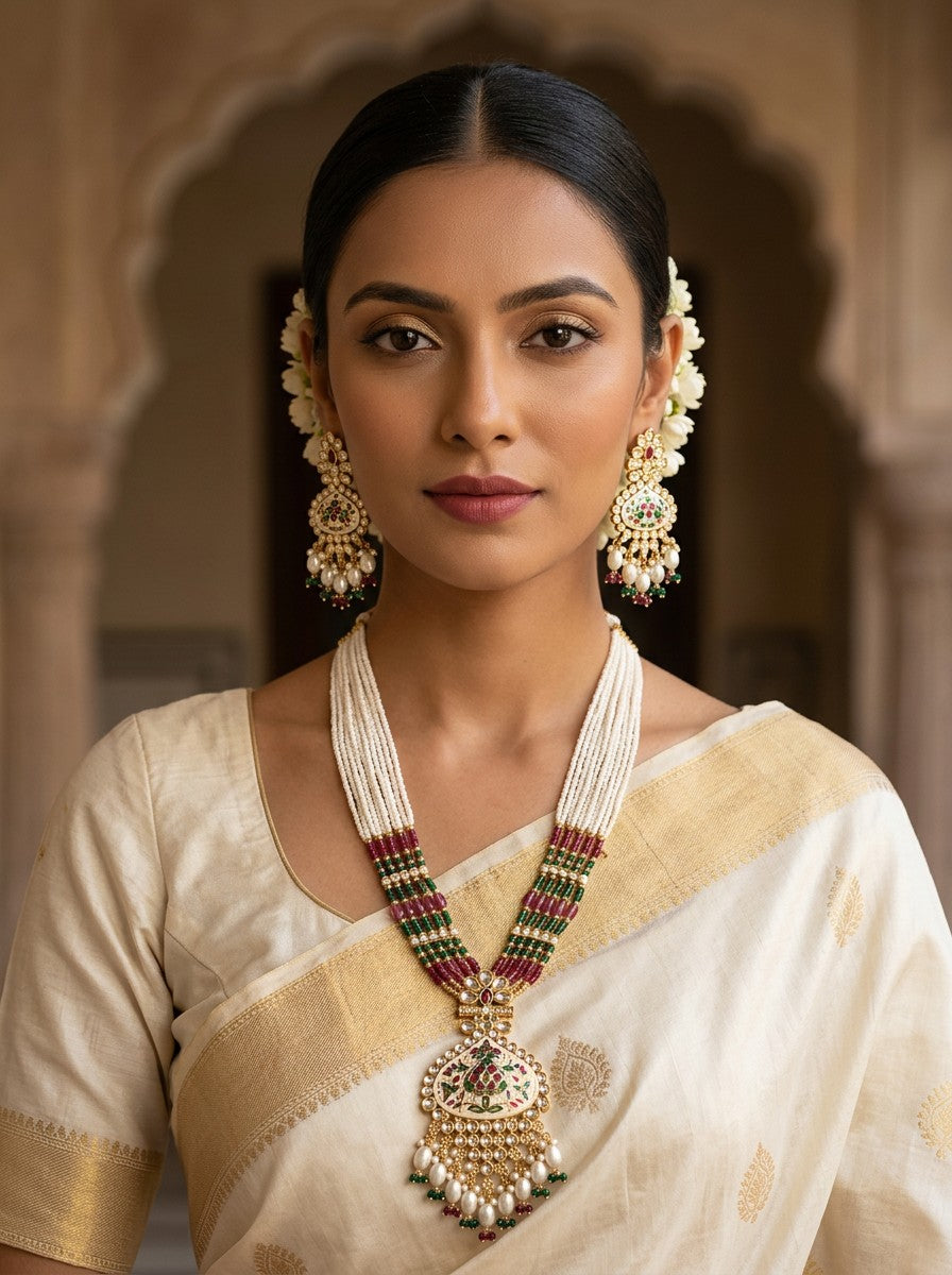 Traditional Meenakari multistrand pearl necklace with matching earrings for women