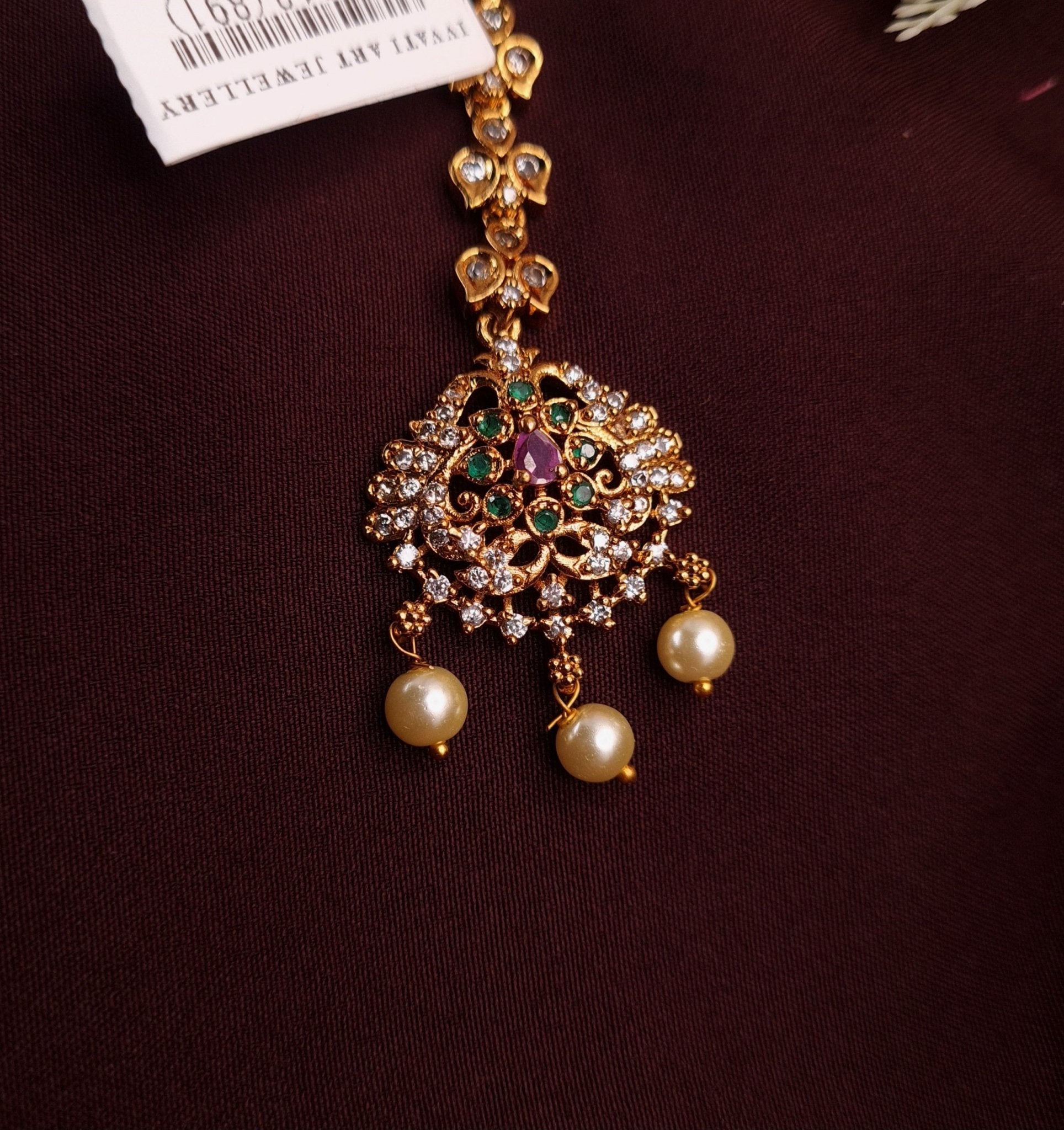 Meenakshi Floral Pearl Maang Tikka – Antique Copper Finish | Traditional Bridal Headpiece jewellery - Maangtikka | Ivvati Art Jewellery