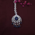 Midnight Royale Maang Tikka with Sapphire Drop & Crystal Fringe – Silver - Tone Bridal Headpiece jewellery - Maangtikka | Ivvati Art Jewellery