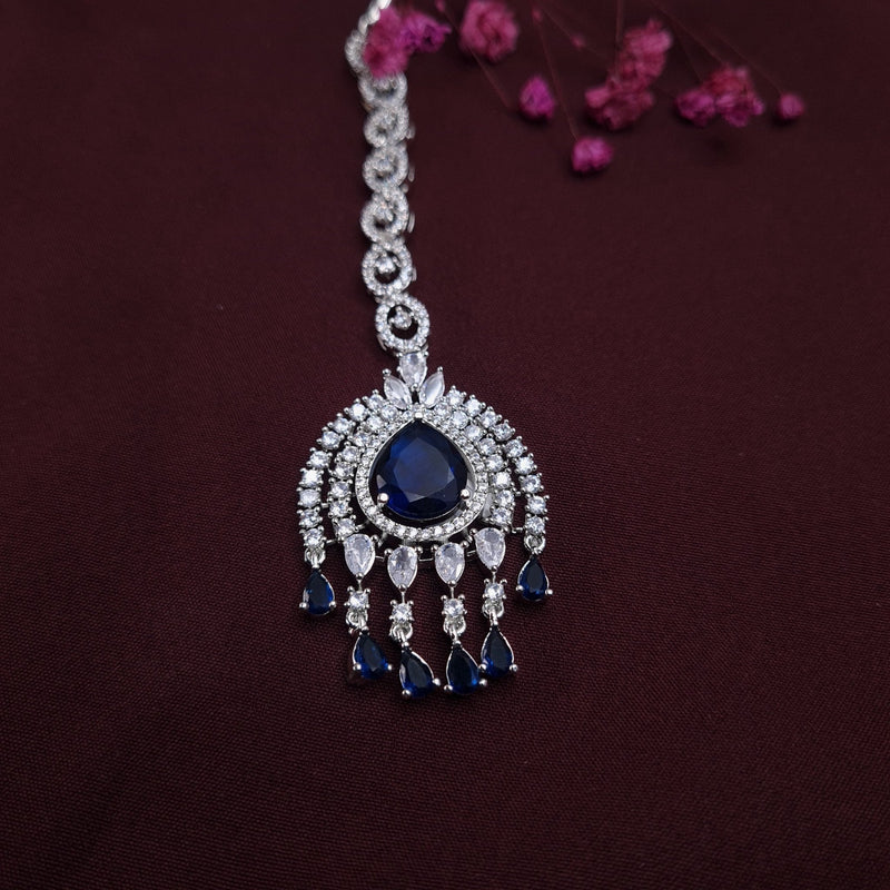 Midnight Royale Maang Tikka with Sapphire Drop & Crystal Fringe – Silver - Tone Bridal Headpiece jewellery - Maangtikka | Ivvati Art Jewellery