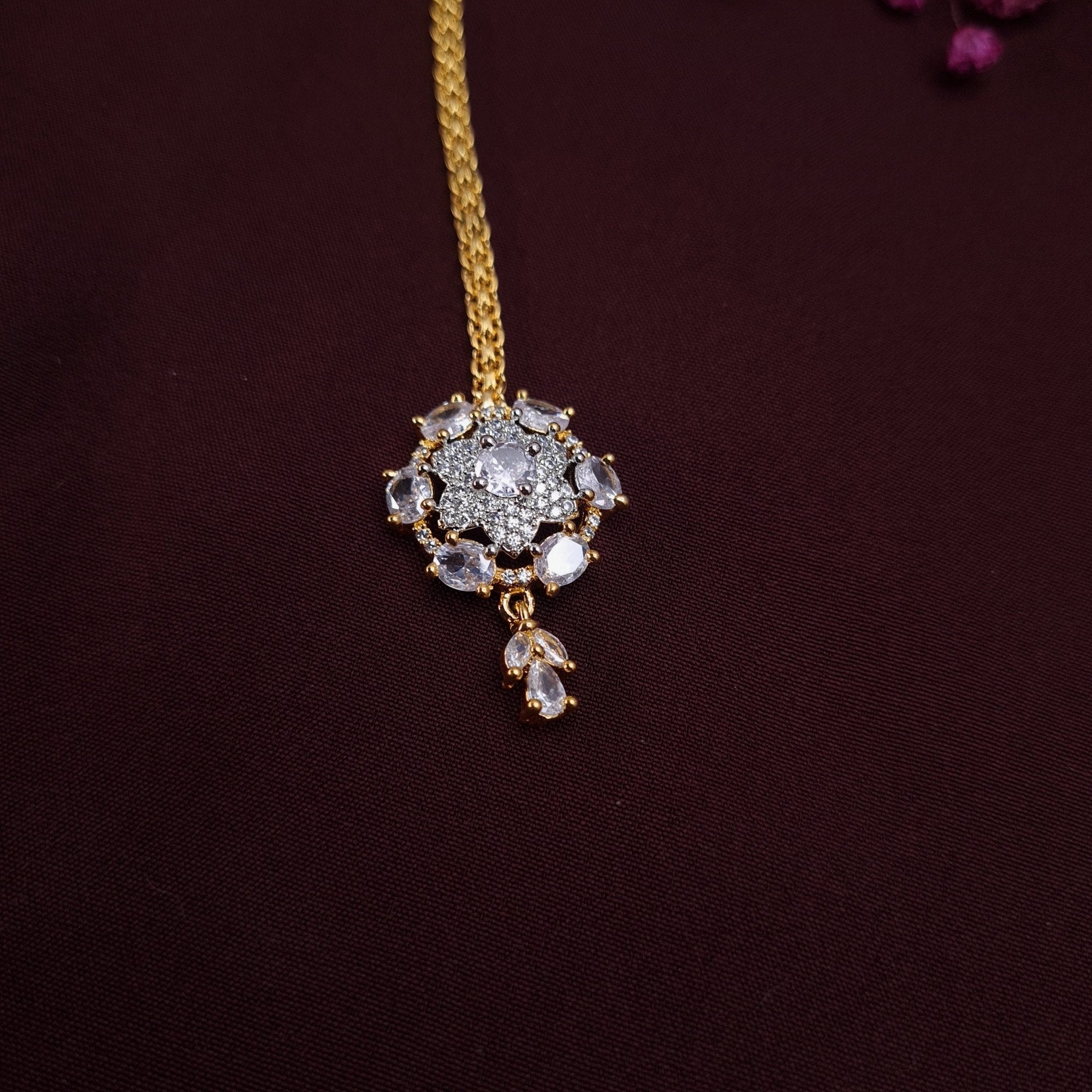 Minimalist Round Maang Tikka with White Crystal Cluster & Drop Charm – Elegant Head Jewelry jewellery - Maangtikka | Ivvati Art Jewellery