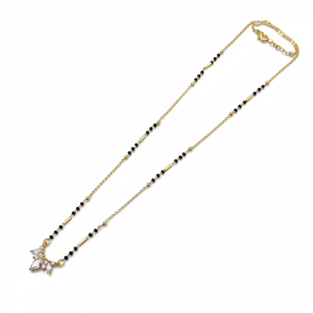 Modern daily wear mangalsutra with black beads and clear CZ cluster pendant | Ivvati Art Jewellery