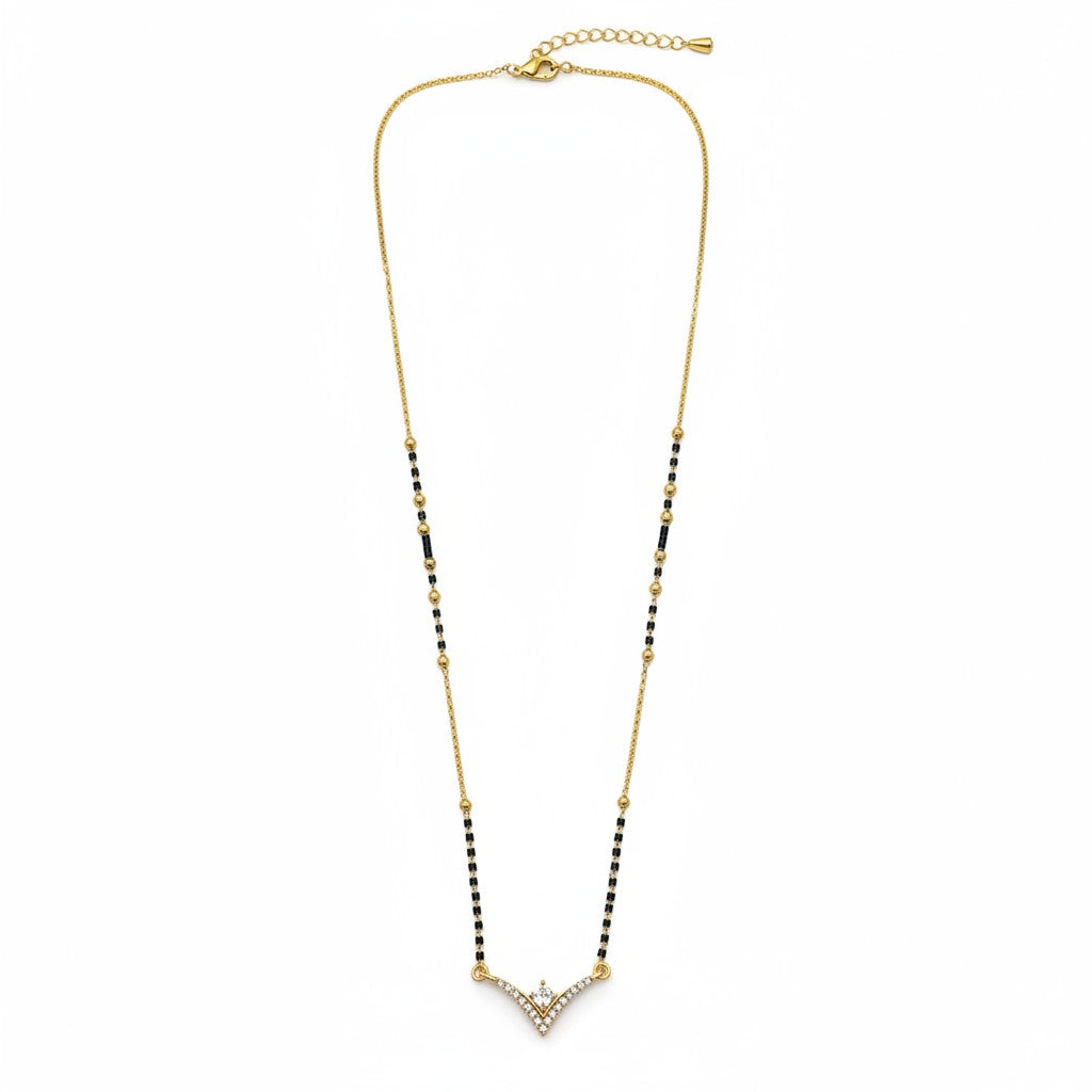 Modern V shape mangalsutra necklace for women with black beads and CZ stone detailing | Ivvati Art Jewellery