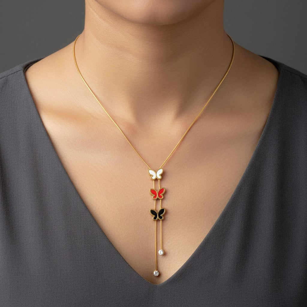 Multicolor butterfly Y necklace for women with gold, red and black butterfly charms