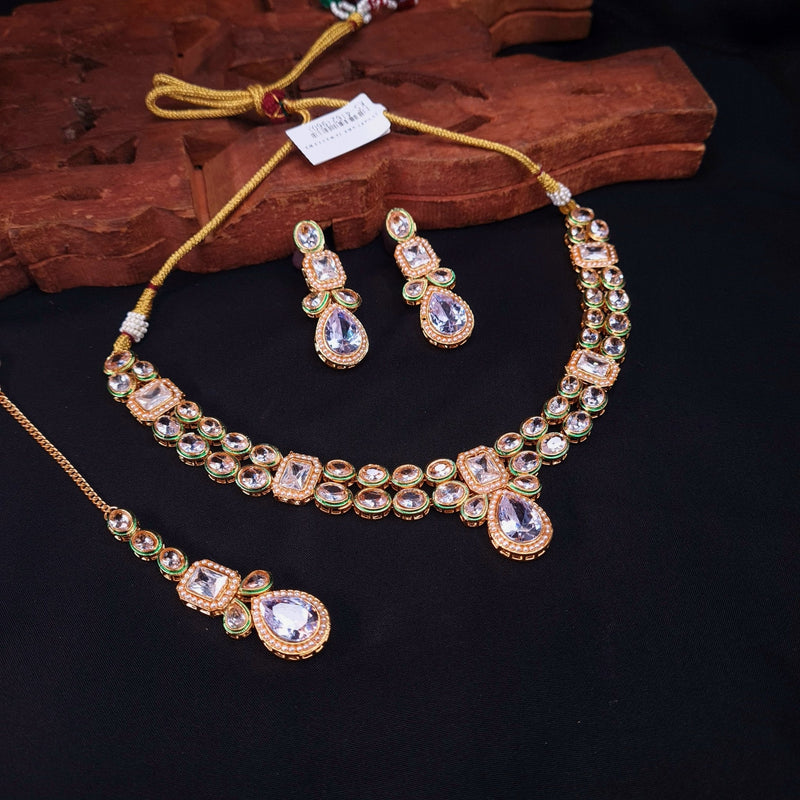 Naira Uncut Polki Necklace Set with Maangtikka jewellery - Uncut Kundan | Ivvati Art Jewellery