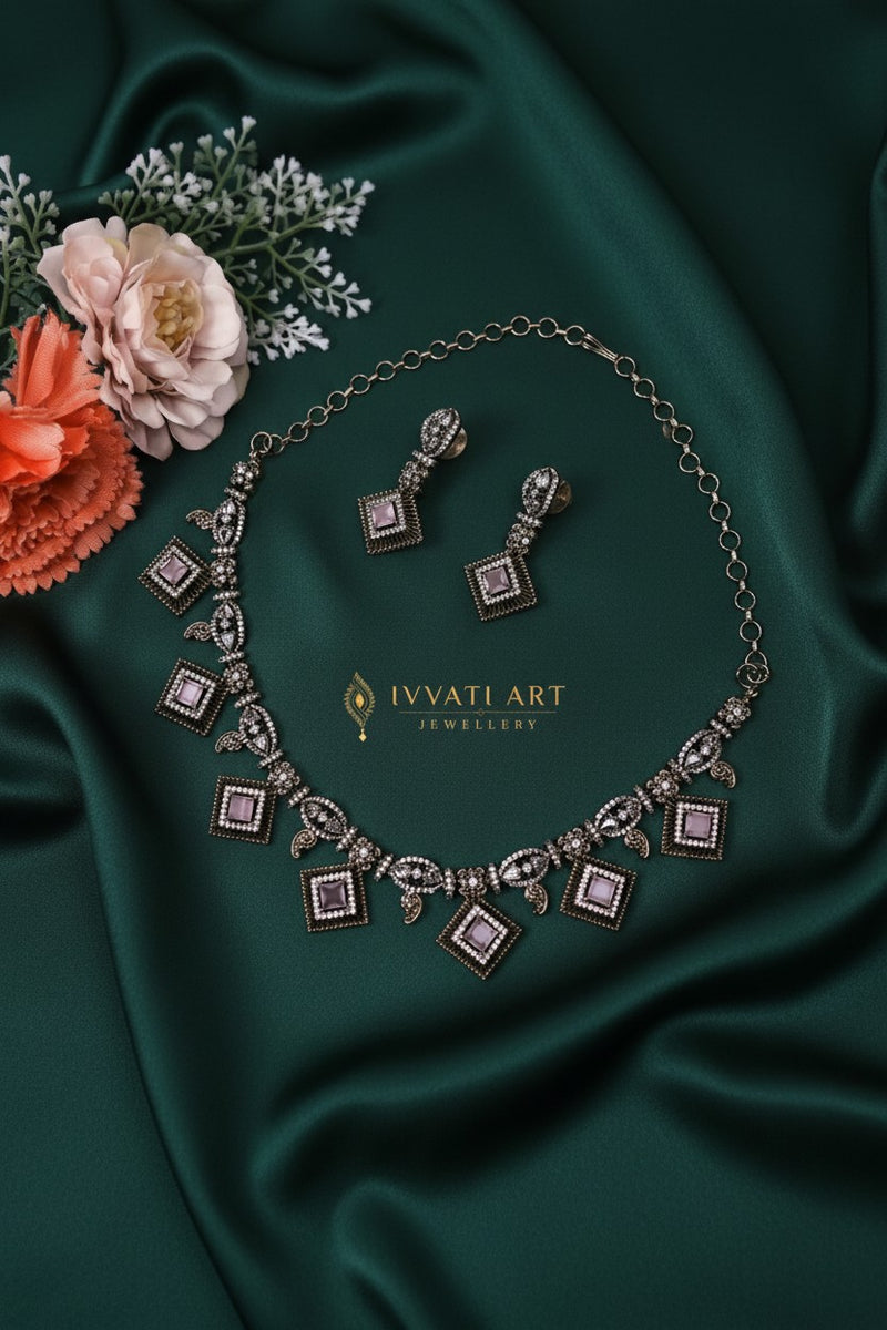 Nayantara American Diamond Necklace Set with Blush Pink Square Drops