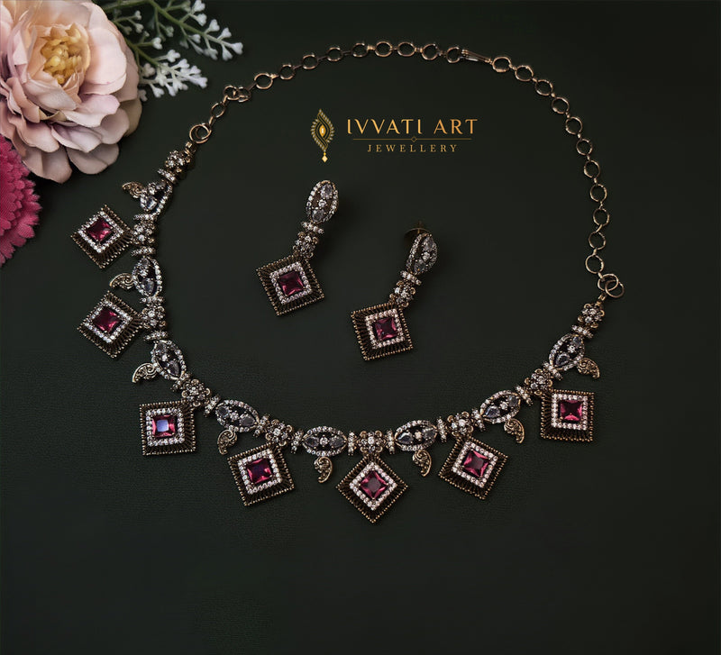 American diamond necklace set with square ruby stone drops and matching earrings