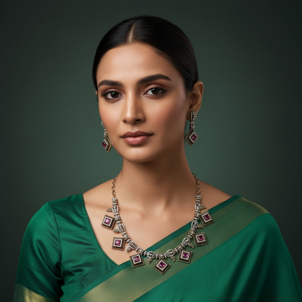 Nayantara American Diamond Necklace Set with Ruby Square Drops