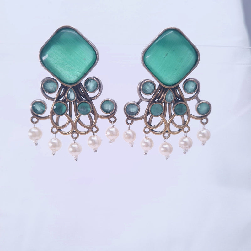 Oxidised Green Danglers with Pearl Drops jewellery - Earrings | Ivvati Art Jewellery
