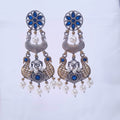 Oxidized Dual Peacock Earrings with Blue Stones & Pearls jewellery - Earrings | Ivvati Art Jewellery