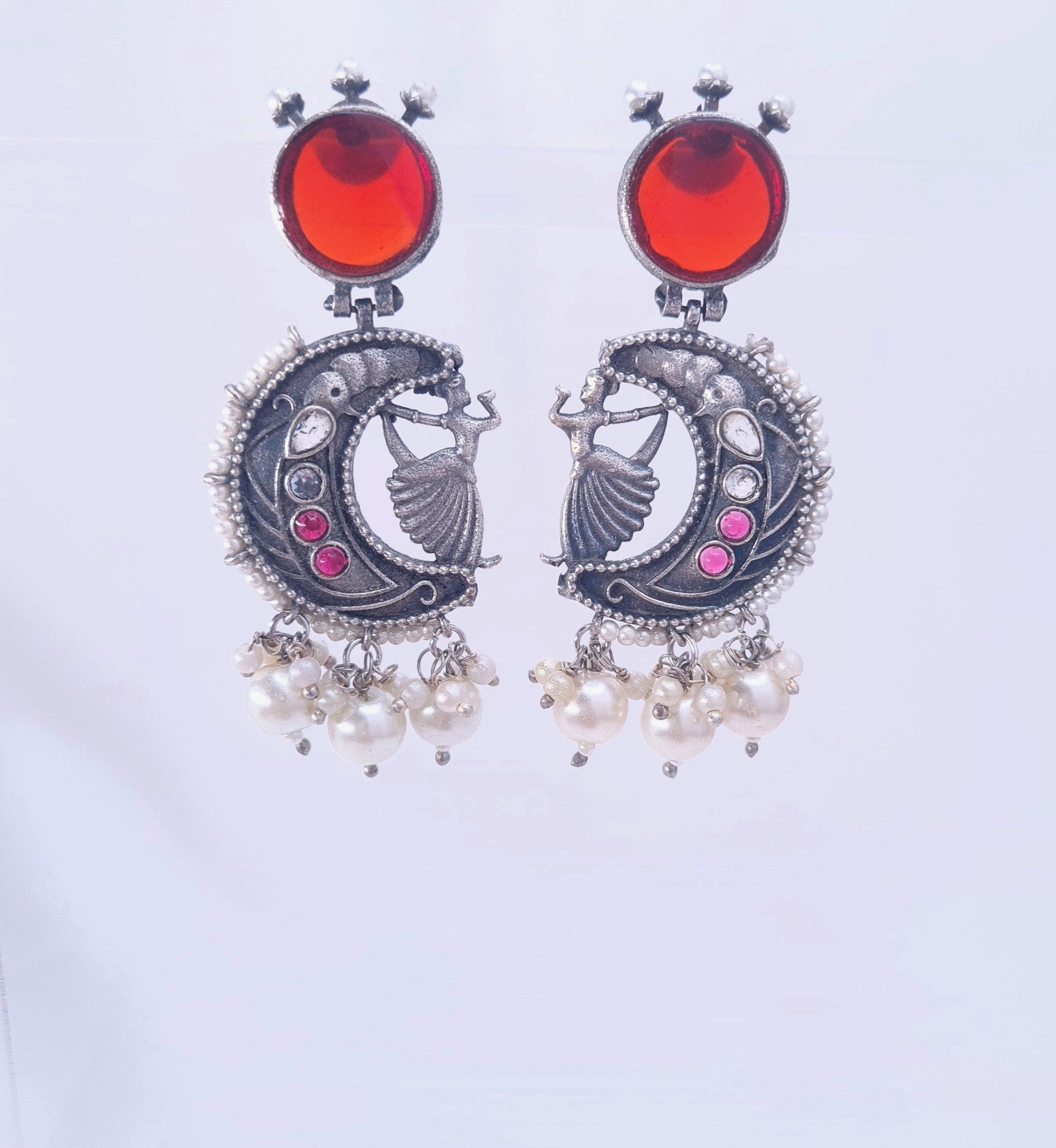 Oxidized Moon & Dancer Earrings with Blue Monalisa Stone jewellery - Earrings | Ivvati Art Jewellery