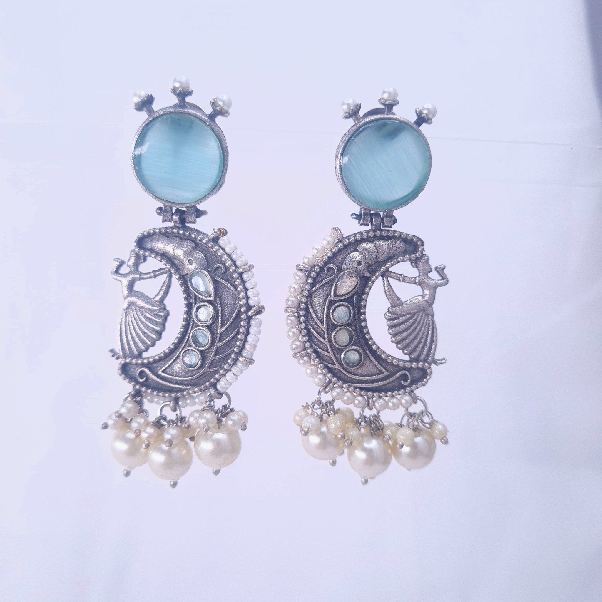 Oxidized Moon & Dancer Earrings with Blue Monalisa Stone jewellery - Earrings | Ivvati Art Jewellery
