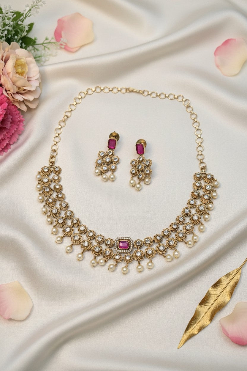 Padmavati Kundan Choker Necklace Set with Ruby Stone & Pearl Drops