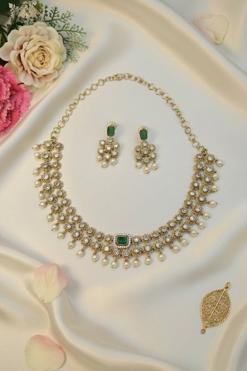 Panna Gulbahar Kundan Necklace Set with Pearl Drops & Copper Gold Finish