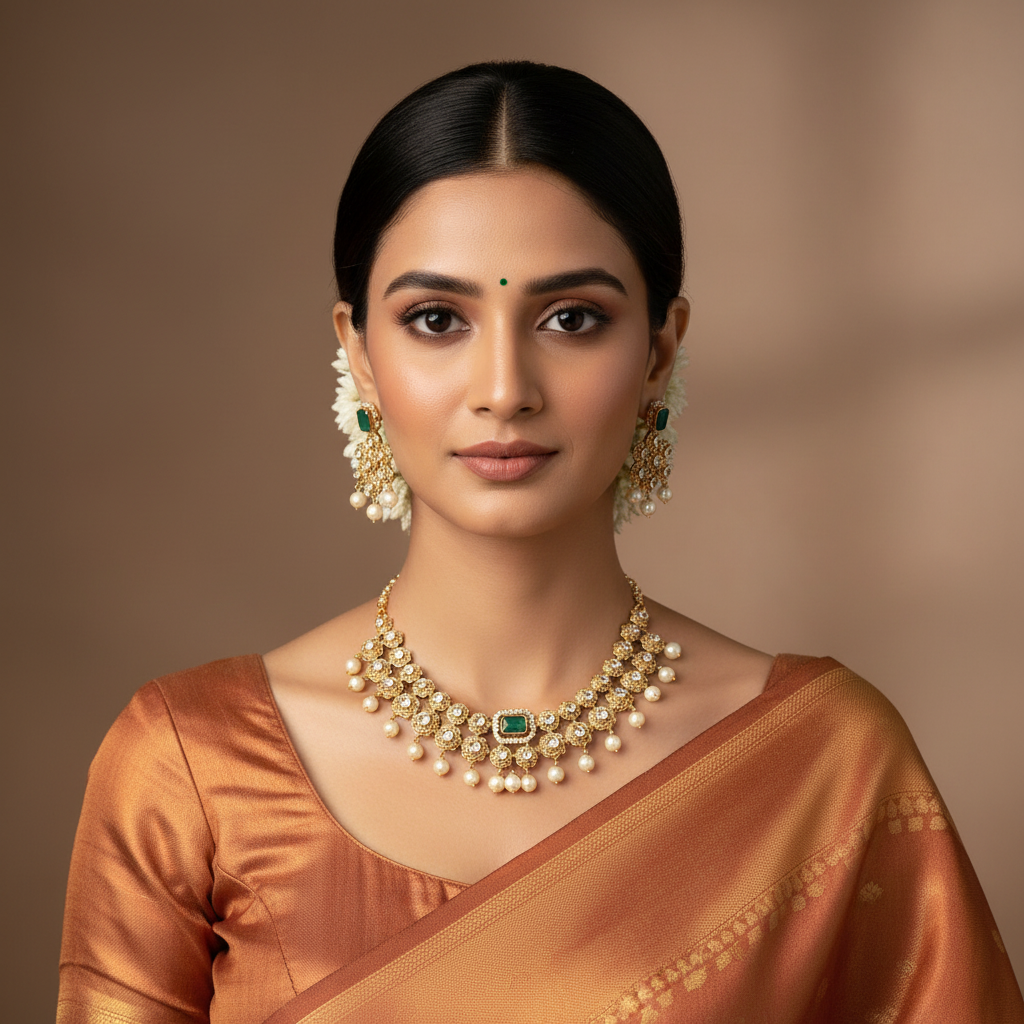 Panna Gulbahar Kundan Necklace Set with Pearl Drops & Copper Gold Finish
