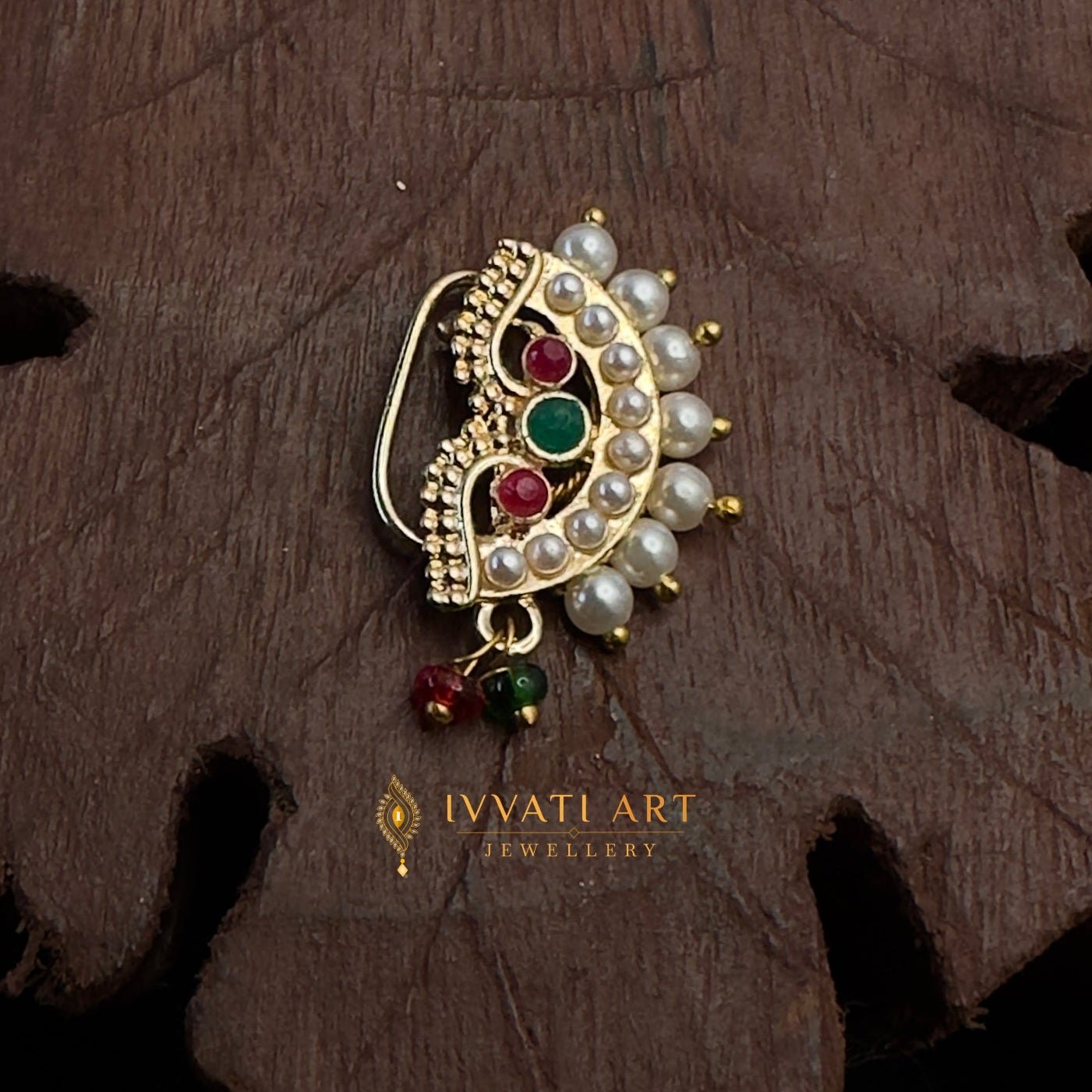 Pearl Heritage Nath with Ruby Emerald Stones – Ivvati Art Jewellery jewellery - NATH | Ivvati Art Jewellery