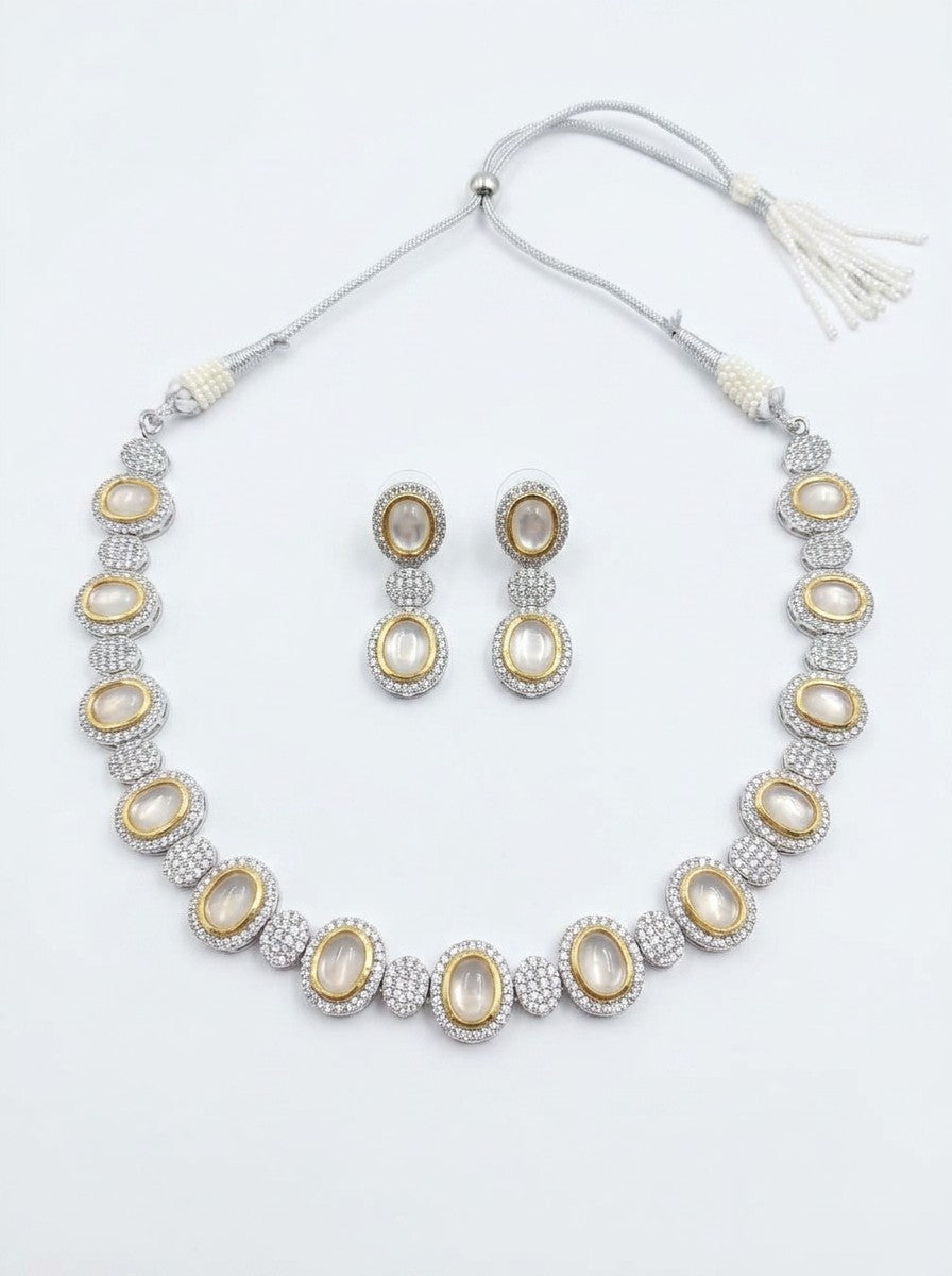 Pearl-style white stone statement necklace with matching earrings for women by Ivvati