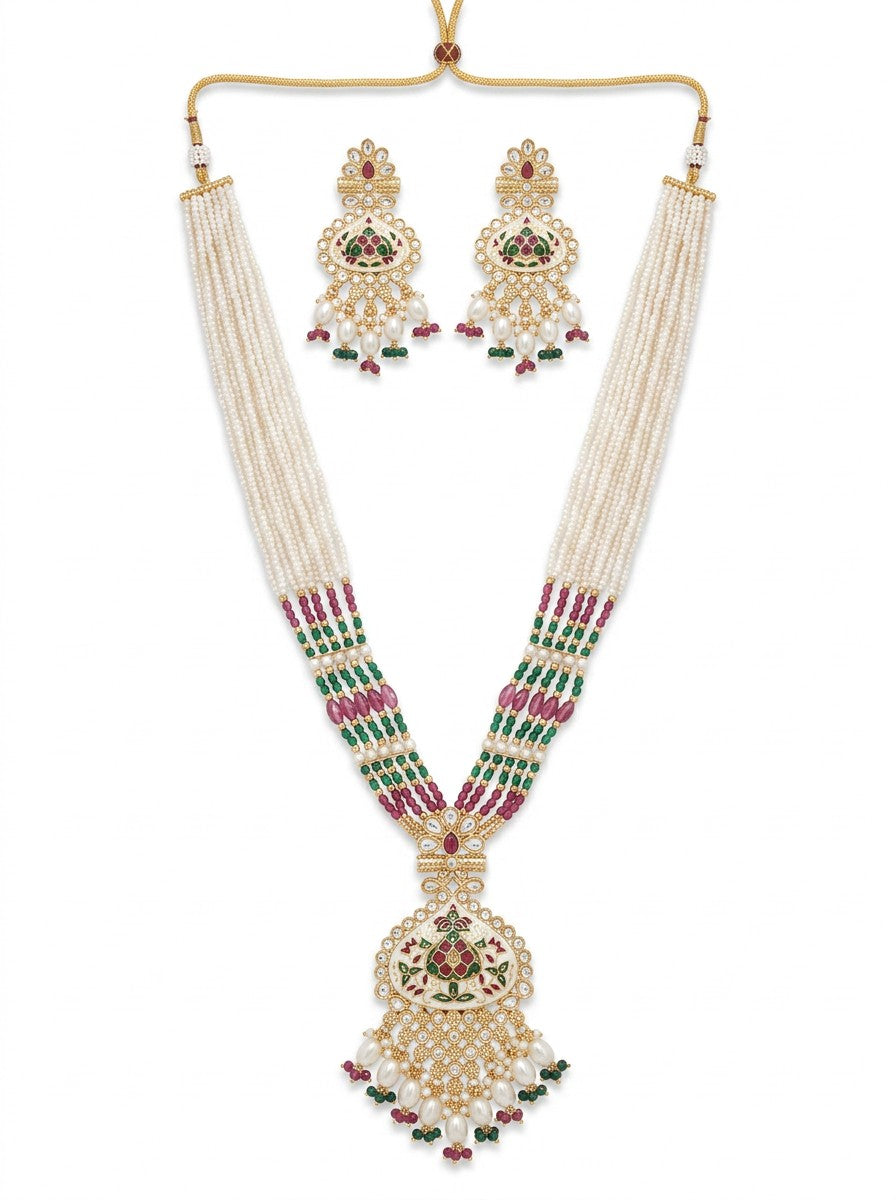 Rajwadi Meenakari bridal pearl jewellery set with floral pendant and earrings by Ivvati Art Jewellery