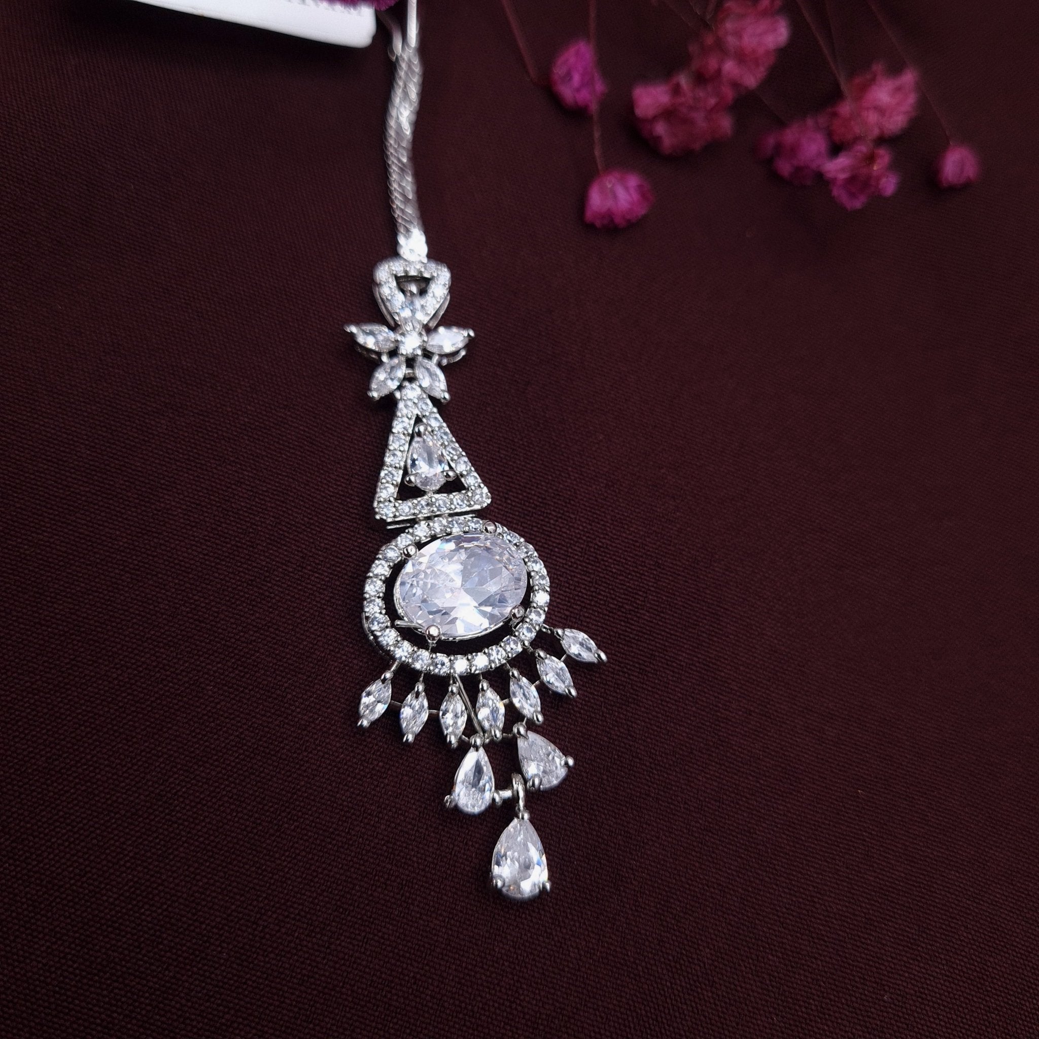 Regal Radiance Oval Maang Tikka – Ruby & Crystal Edition – Bridal & Wedding Jewelry jewellery - Maangtikka | Ivvati Art Jewellery